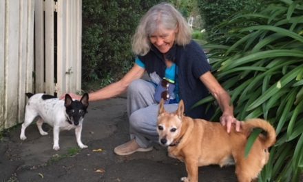 Pam Drewe and her adopted dogs Minnie and Reg